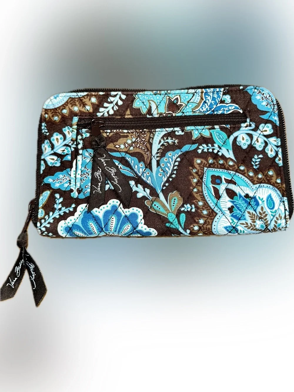 Vera Bradley Brown & Blue (Java Blue Pattern) Floral Zip Wallet Wristlet